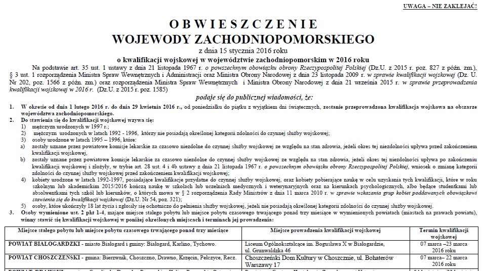 Kwalifikacja wojskowa | Serwis Urzędu Miejskiego w Koszalinie