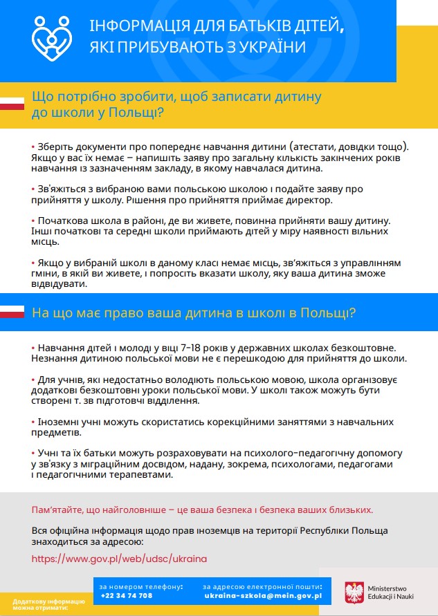 Informacja dla rodziców dzieci przybywających z Ukrainy