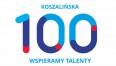 logo „KOSZALIŃSKA 100 – WSPIERAMY TALENTY!” w kolorach niebieskich i czerwieni