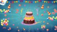 Graficznie pokazane balony urodzinowe, tort oraz serpentyny na zielonym tle
