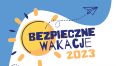 Grafika przedstawia słońce na biało niebieskim tle i napis bezpieczne wakacje