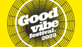 Grafika na żółtym tle przedstawia napis "Good Vibe festiwal 2023"