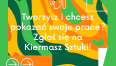 Grafika przedstawia zaproszenie do udziału w Kiermaszu Sztuki na kolorowym tle w odcieniach zieleni, żółci i pomarańczu.