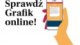 Grafika przedstawia wyciągniętą dłoń trzymającą smartfon i napis "Sprawdź Grafik online"