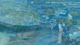 zdjęcie/plakat ukazujące panoramę centrum Koszalin z lotu ptaka na lekko niebieskim tle