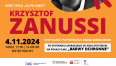 Na pomarańczowym tle widnieje czerwony napis Krzysztof Zanussi oraz czarny telst z datą i miejscem spotkania