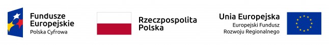 Kolorowy obrazek na białym tle, przedstawiający w układzie poziomym, kolejno od lewej strony znak Funduszy Europejskich Polski Cyfrowej, flagę Rzeczypospolitej Polskiej oraz znak Europejskiego Funduszu Rozwoju Regionalnego Unii Europejskiej.