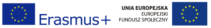 Kolorowy obrazek na białym tle, przedstawiający w układzie poziomym, kolejno od lewej strony znak programu Erasmus plus z flagą Unii Europejskiej oraz znak programu Europejskiego Funduszu Społecznego z flagą Unii Europejskiej.