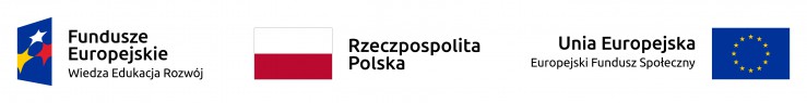Kolorowy obrazek na białym tle, przedstawiający w układzie poziomym, od lewej strony znak Funduszy Europejskich Wiedza Edukacja Rozwój, flagę Rzeczypospolitej Polskiej oraz znak Europejskiego Funduszu Społecznego z flagą Unii Europejskiej.