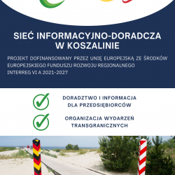 obrazek przedstawia plakat informacyjny z napisami (od góry) w języku polskim i niemieckiem,splecioną razem flagę polską i niemiecką; po środku napisy w języku polskim z informacjami dotyczącymi projektu poniżej obrazek przedstawiający fragment plaży i słupki w kolorystyce flag państwowych Polski i Nieniec