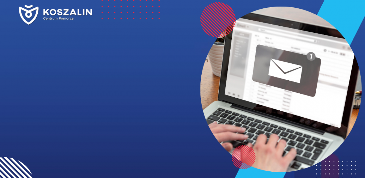 Na grafice znajduje się laptop z wiadomością na ekranie