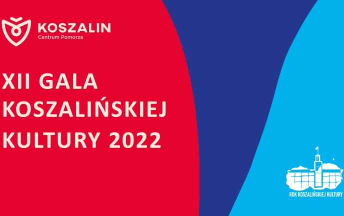 Grafika przedstawia napis XII Gala Koszalińskiej Kultury na tle złożonym z kolorowych pasów w kolorze błękitnym, czerwonym i granatowym.