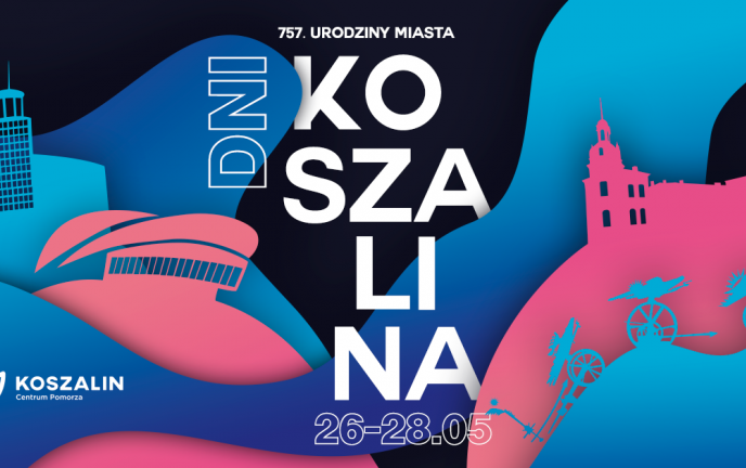 Grafika przedstawia zarys ratusza, amfiteatru i ptaków Hasiora w kolorach różowym, błękitnym i granatowym oraz napis :757. urodziny miasta. Dni Koszalina 26-28.05"