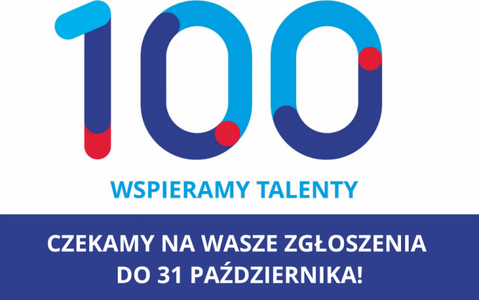 Grafika przedstawia napis KOSZALIŃSKA 100 WSPIERAMY TALENTY