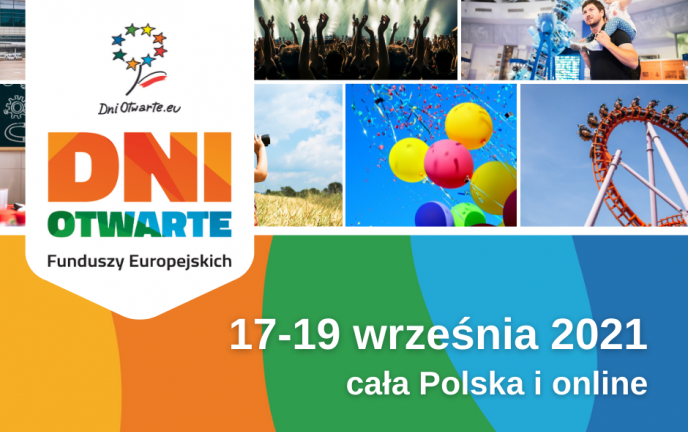 Dni Otwarte Funduszy Europejskich. Kolorowe zdjęcia balonów, kolejki w wesołym miasteczku, ojciec z dzieckiem, podniesione ręce tłumu