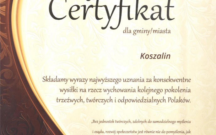 Dyplom Trzeźwy Umysł dla Miasta Koszalina