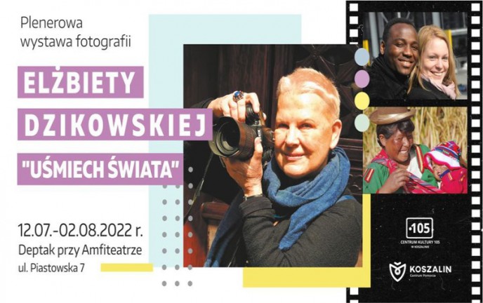 Grafika przedstawia Elżbietę Dzikowską z aparatem fotograficznym.