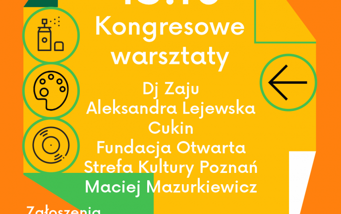 Grafika przedstawia prowadzących warsztaty. Na pomarańczowym tle wymienione są nazwiska prowadzących.