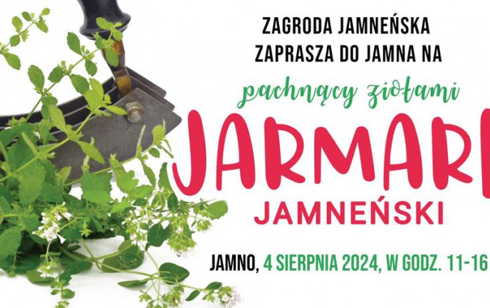 Grafika przedstawia pęk ziół na białym tle oraz czerwony napis Jarmark Jamneński