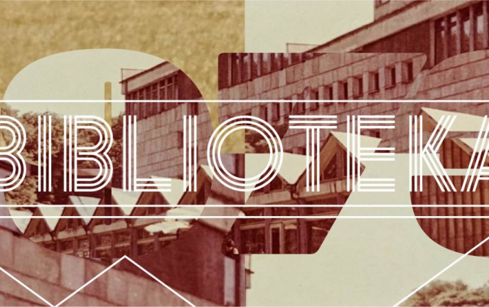 Grafika przedstawia kolaż z fragmentów budynku KBP w kolorach brązu i beżu oraz graficzny napis "BIBLIOTEKA"