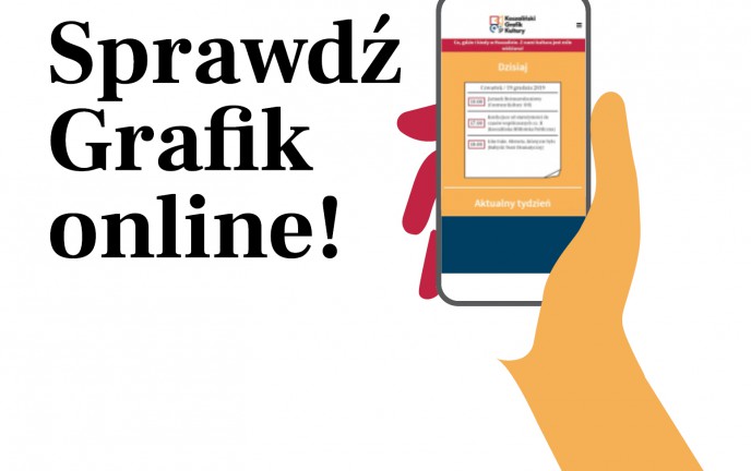 Grafika przedstawia wyciągniętą dłoń trzymającą smartfon i napis "Sprawdź Grafik online"