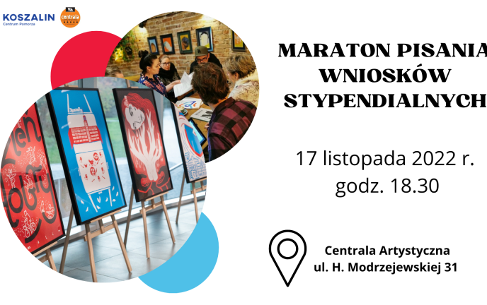 Grafika przedstawia wystawę plakatów i napis "Maraton pisania wniosków stypendialnych" wraz z miejscem i godziną podanymi w tekście