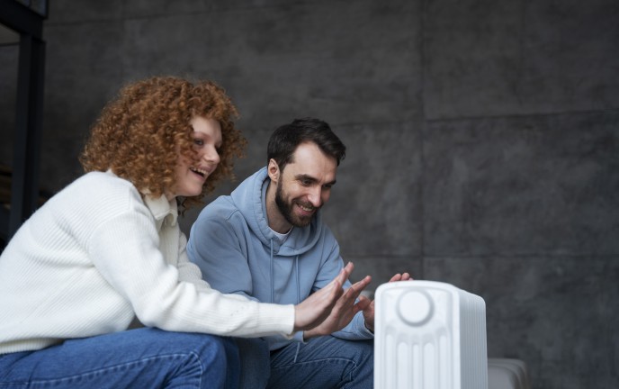 para średniego wieku rozgrzewająca się przy grzejniku elektrycznym