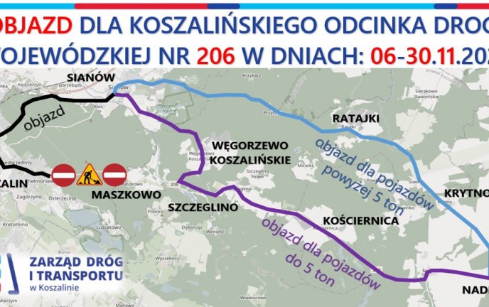 W dniach 6-30.11.2023 r. objazd na drodze wojewódzkiej nr 206!