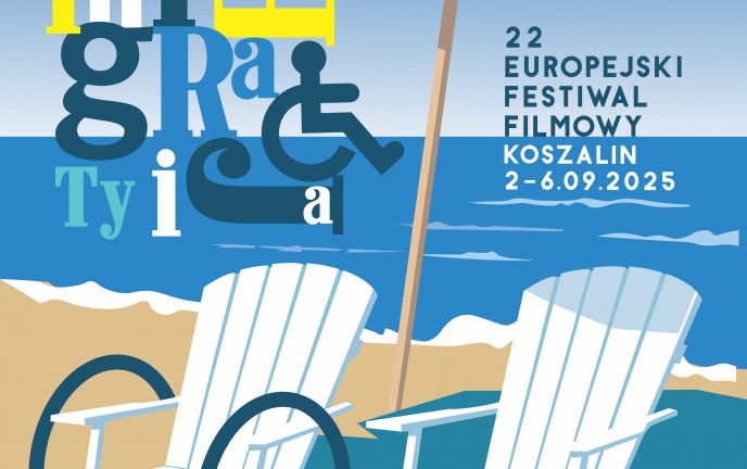 Grafika przedstawia dwa plażowe leżaki na tle morza oraz parasol. Całość utrzymana jest w palecie błękitu, granatu, bieli i żółci.