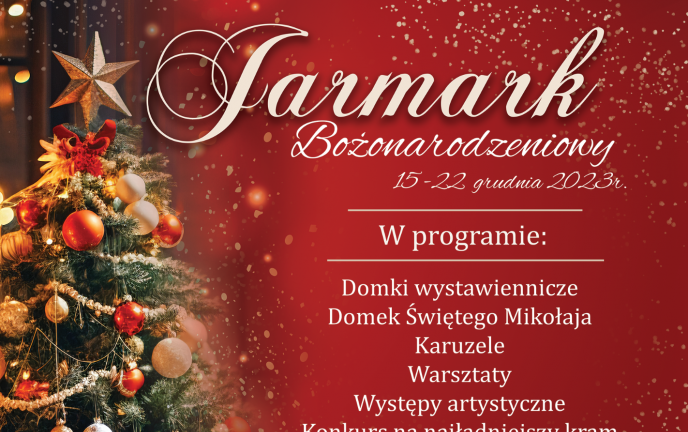 Grafika na czerwonym tle przedstawia ozdobioną choinkę oraz nazwę i termin wydarzenia.
