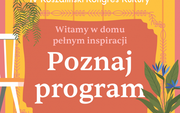 Grafika przedstawia napis "poznaj program" na żółtym tle w otoczeniu roślin
