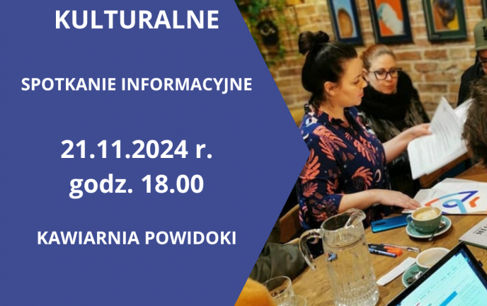 Grafika przedstawia fragment ludzi rozmawiających w kawiarni. Na drugiej połowie grafiki umieszczony jest tekst (białe litery na granatowym tle) z informacją o terminie i miejscu spotkania.
