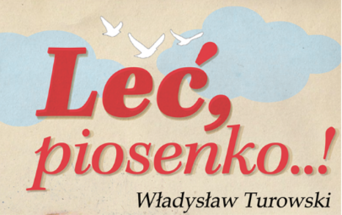 Grafika przedstawia czerwony napis "Leś piosenko" na tle błękitnych chmur.