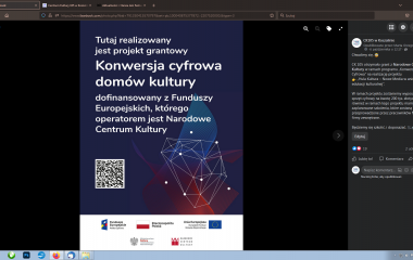 Obrazek ukazuje w kolorze zdjęcie z medium społecznościowego Facebook dla Centrum Kultury 105 w Koszalinie: z lewej plakat projektu w kolorze granatowym z napisami ; z prawej wpisy dotyczące projektu 