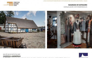 Zdjęcie przedstawia dwie fotografie. Budynek Zagrody jamneńskiej oraz stroje kultury jamneńskiej