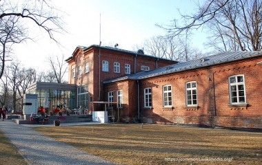 File:Instytut Teatralny im. Zbigniewa Raszewskiego i Główna Biblioteka Lekarska im. Stanisława Konopki w klimacie jesieni. Zdjęcie od frontu, czerwone cegły, wyblaknięta trawa.