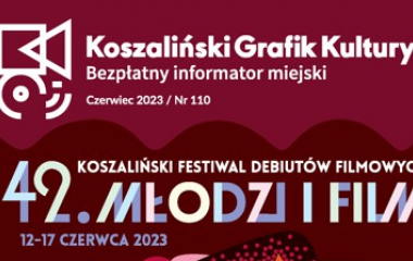 Grafika na fioletowym tle przedstawia napis Koszaliński Grafik Kultury