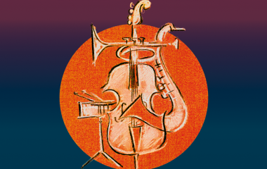 Grafika przedstawia saksofon, kontrabas i perkusję na tle pomarańczowego okręgu