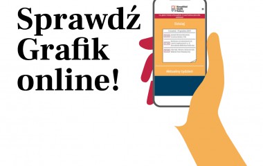 Grafika przedstawia wyciągniętą dłoń trzymającą smartfon i napis "Sprawdź Grafik online"