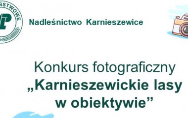Grafika przedstawia logo Nadleśnictwa Karnieszewice i tekst - konkurs fotograficzny "Karnieszewickie lasy w obiektywie"