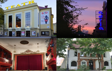 Na zdjęciu znajdują się budynki teatrów w Koszalinie: Bałtycki Teatr Dramatyczny w Koszalinie, Teatr Dialog, Teatr Adria oraz Teatr Muza