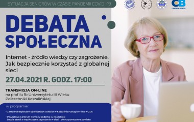 Plakat dotyczący debaty przedstawiający starszą Panią siedzącą przed laptopem