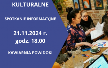 Grafika przedstawia fragment ludzi rozmawiających w kawiarni. Na drugiej połowie grafiki umieszczony jest tekst (białe litery na granatowym tle) z informacją o terminie i miejscu spotkania.