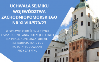 Grafika przedstawia na niebieskim tle fragment Zamku Książąt Pomorskich w Szczecinie