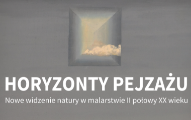 Grafika przedstawia napis "Horyzonty pejzażu" na szarym tle