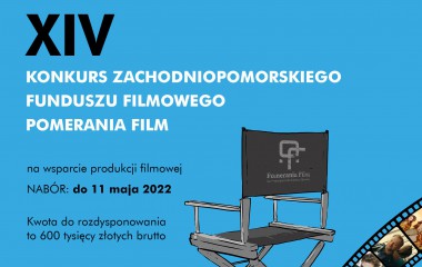 Grafika przedstawia krzesło filmowe, nazwę konkursu i datę naboru filmów