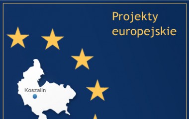 Obrazek z napisem Projekty Europejskie, przedstawiające na granatowym tle mini mapę Koszalina wraz z żółtymi gwiazdami Unii Europejskiej.